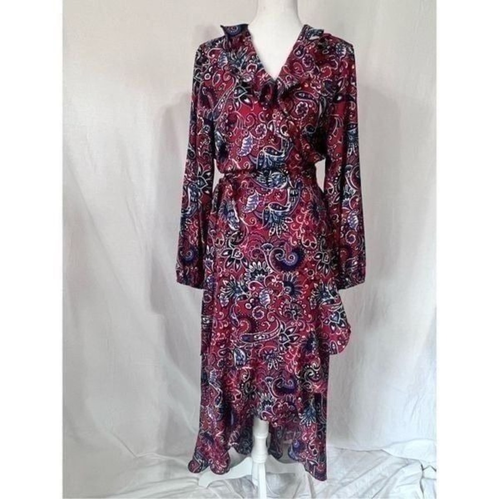 Gigi Parker red and blue paisley long sleeve ruffled wrap maxi dress hem sz XL